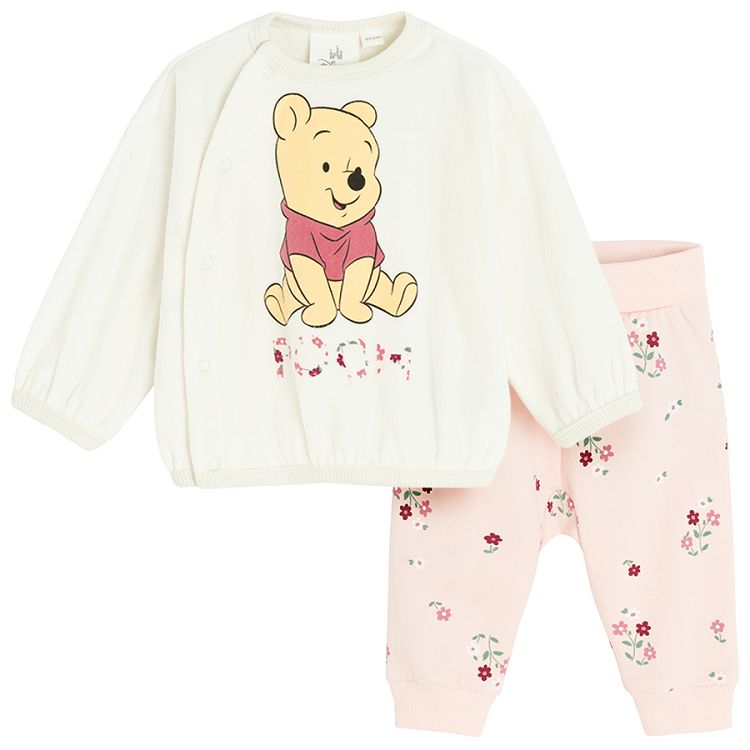 Winnie the Pooh white wrap blouse and pink floral footless leggings set- 2 pieces