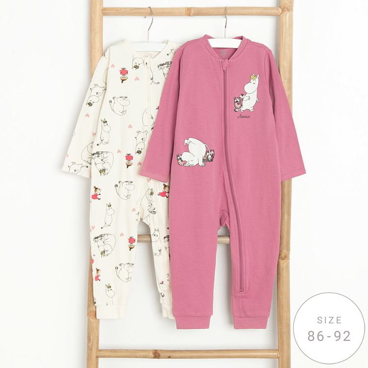 Moomins white and burgundy long sleeve footed overall with side zipper- 2 pack