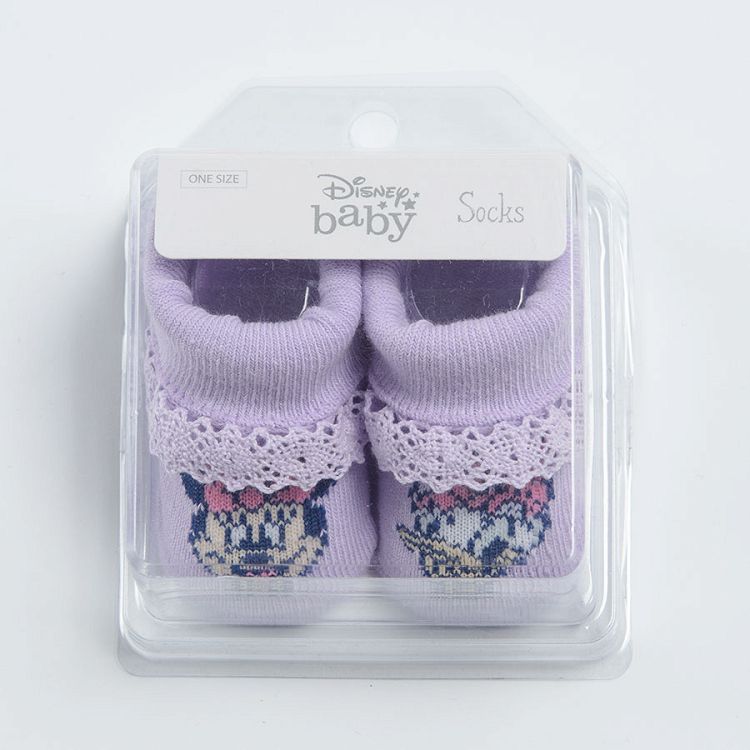 Lilac Minnie Mouse and Daisy Duck socks in a box