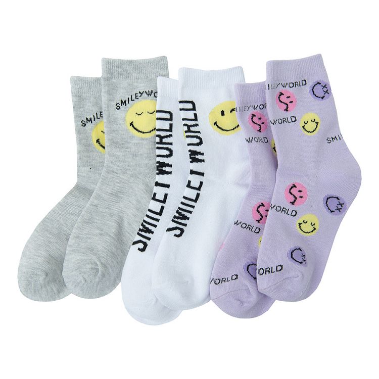 Smiley white, purple and grey socks- 3 pack