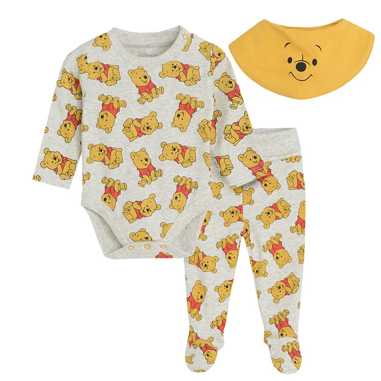 Winnie the Pooh long sleeve bodysuit, footed leggings and bib set