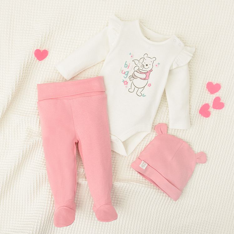 Winnie the Pooh white bodysuit, dark pink footed leggings and hat clothing set