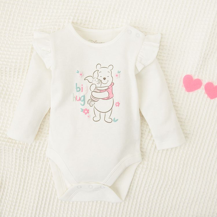 Winnie the Pooh white bodysuit, dark pink footed leggings and hat clothing set