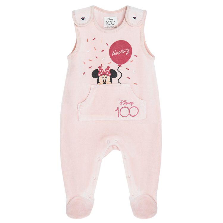 Minnie Mouse clothing set, long sleeve bodysuit, sleeveless footed overall and cap with ears