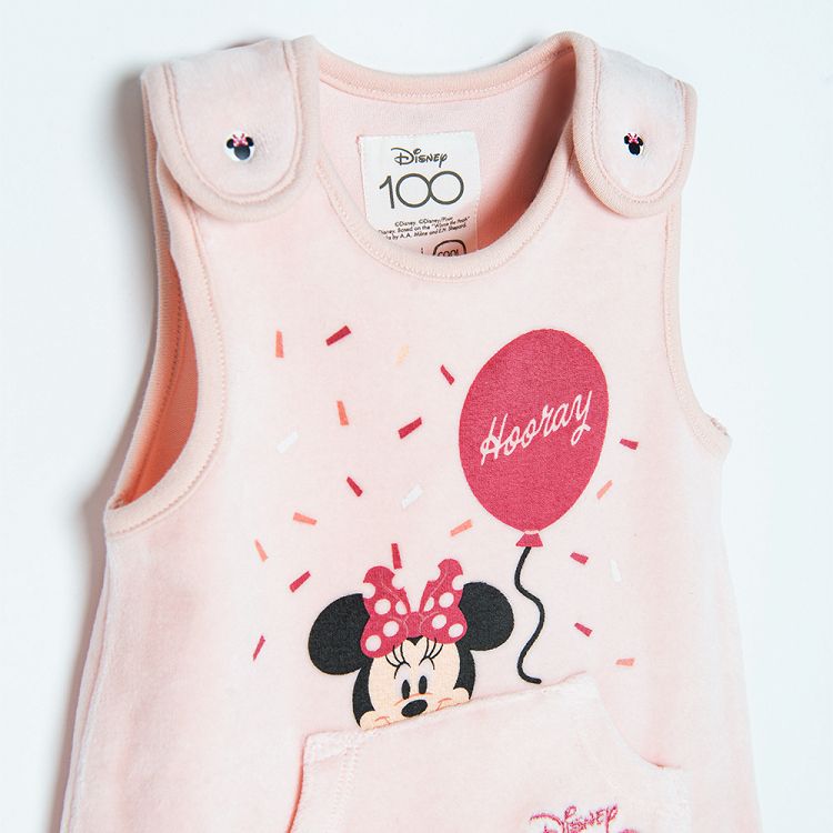 Minnie Mouse clothing set, long sleeve bodysuit, sleeveless footed overall and cap with ears