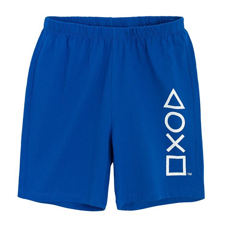 Playstation white and blue pyjamas, short sleeve blouse and shorts