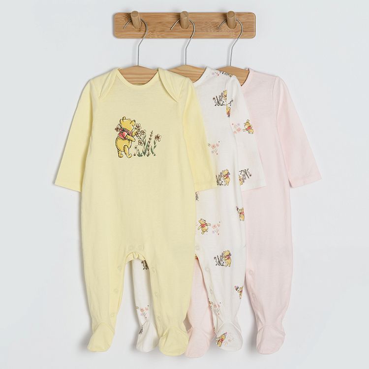 Winnie the Pooh white beige pink footed overalls- 3 pack