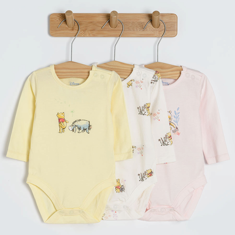 Winnie the Pooh white beige long sleeve bodysuits- 3 pack