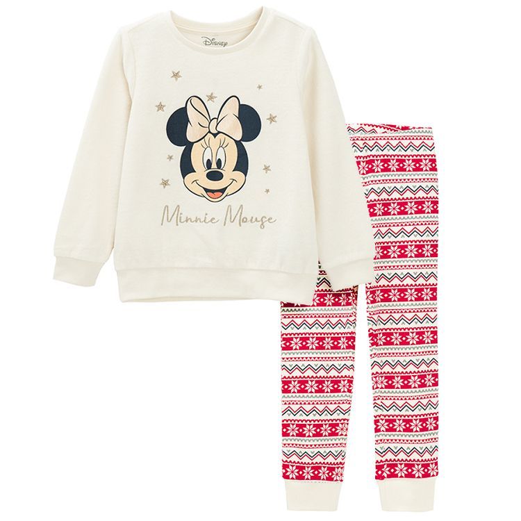 Minnie Mouse pyjamas, ecru long sleeve blouse and Christmas print pants