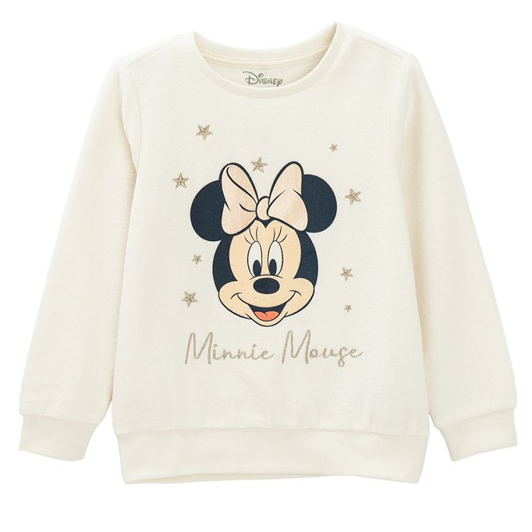 Minnie Mouse pyjamas, ecru long sleeve blouse and Christmas print pants