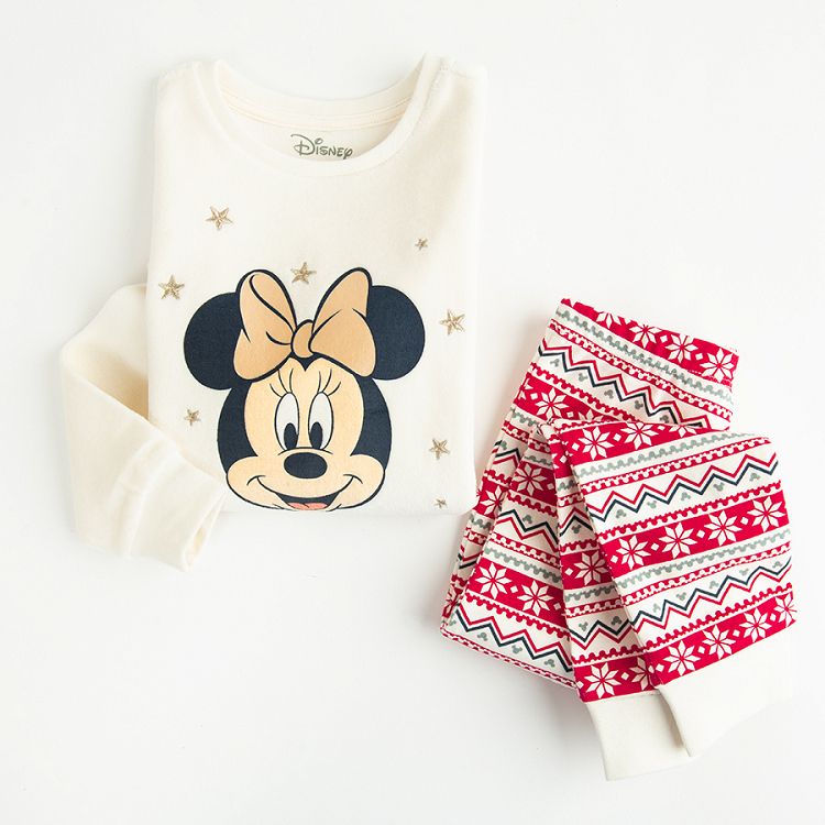 Minnie Mouse pyjamas, ecru long sleeve blouse and Christmas print pants