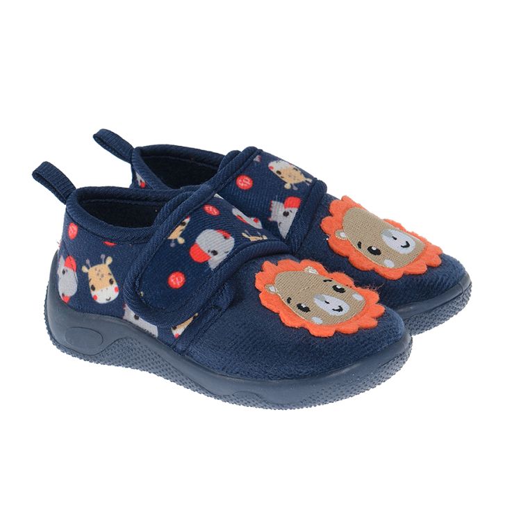 Fisher Price navy blue slippers with lion and animal prints