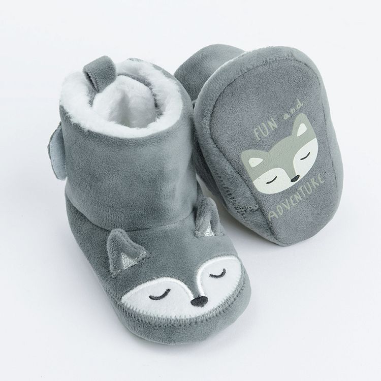 Grey newborn slippers with fox print