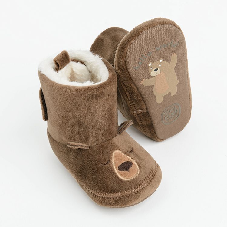 Brown newborn slippers with bear pattern