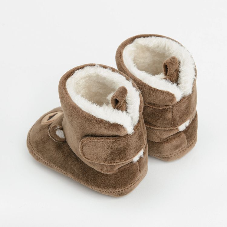 Brown newborn slippers with bear pattern