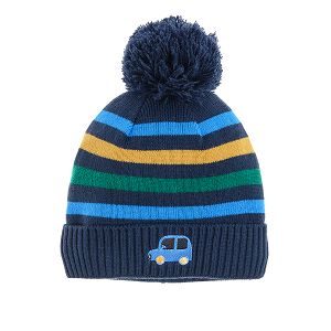 Striped cap with pom pom