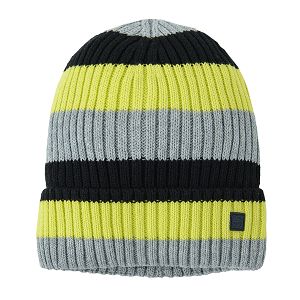 כובע עם פסים בצבעים אפור, שחור וצהוב