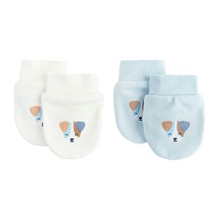 White and blue new born gloves with dogs print- 2 pack