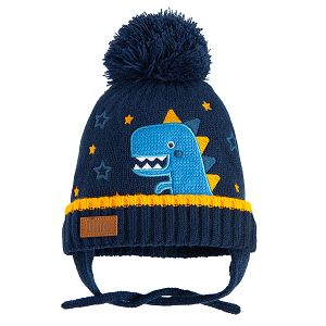 Blue winter earflap har with dinosaur print