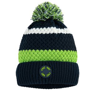 Blue, green, white winter beanie with pom pom