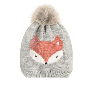 Grey hat with fox print and pompon on top