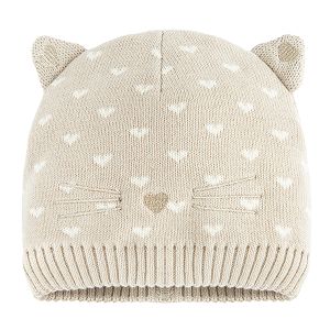 Ecru winter beanie with cat print and cat ears