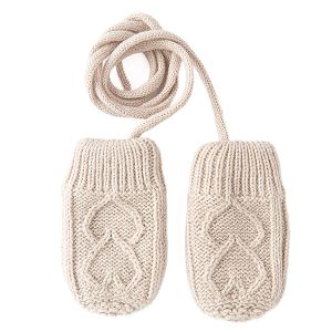 Ecru mittens with heart, braid pattern and pom pom