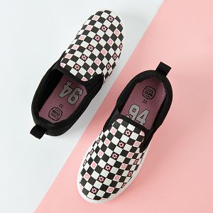 Black and white checked canvas slip on shoes