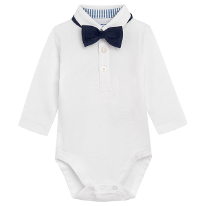 White long sleeve button down bodysuit with bow tie