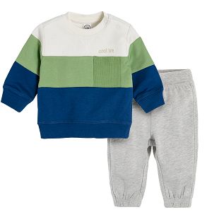 Mix color sweatshirt and grey pants with adjustable waist