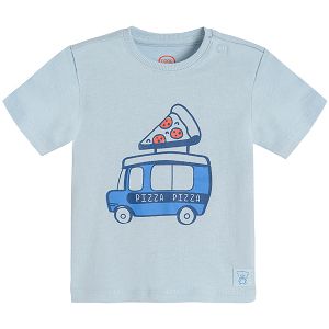 Light blue short sleeve T-shirt with pizza truck print