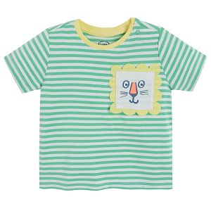 Green stripes short sleeve T-shirt with lion on chest pocket