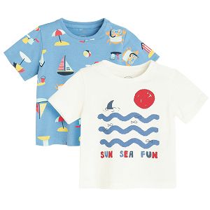 White and blue T-shirts with Sea, Sun, Fun print- 2 pack