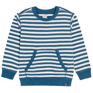 White and blue stripes long sleeve sweatshirt with pockets