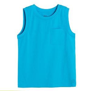 Blue sleeveless T-shirt with chest pocket