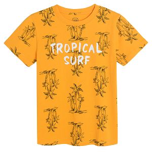 Orange short sleeve T-shirt with palm trees and TROPICAL SURF print