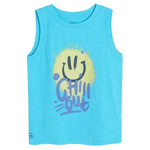 Light blue sleeveless T-shirt with CHILL OUT print