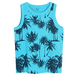 Light blue sleeveless T-shirt with palm trees print