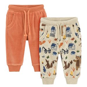 Orange and beige with trucks velvet jogging pants- 2 pack