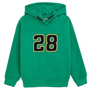 Green hooded seatshirt with number 28 on it