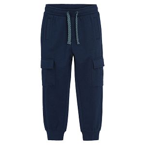 Navy blue jogging pants with side pockets and adjustable waist