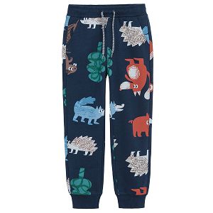 Blue jogging pants with forest animals print