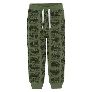 Green jogging pants with trucks print