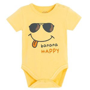 Yellow short sleeve bodysuit with sunglasses and banana HAPPY print