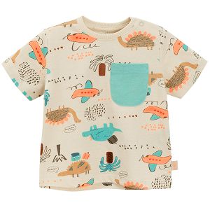 Ecru T-shirt with dinosaurs and airplanes print