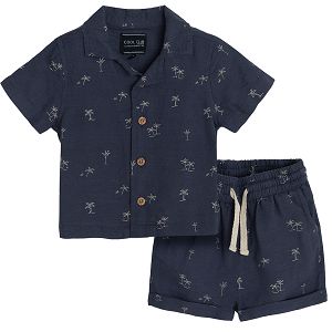 Play set, button down shirt and shorts with small pine trees print- 2 pieces