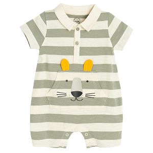 White and olive stripes short sleeve romper with dog print