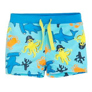 Light blue swim trunks with sea life print
