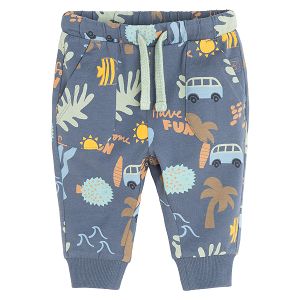 Blue jogging apnts with summer travel prints