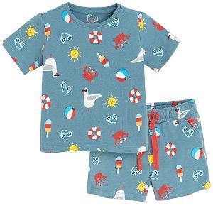 Blue set, T-shirt and shorts with summer toys print- 2 pieces